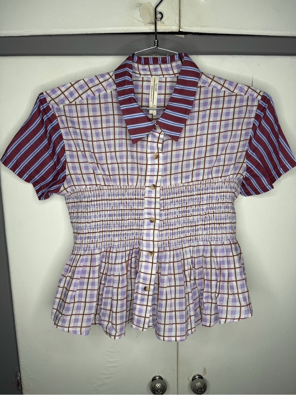 Anthropologie Lavender Plaid Button-Down with Maroon Striped Accents